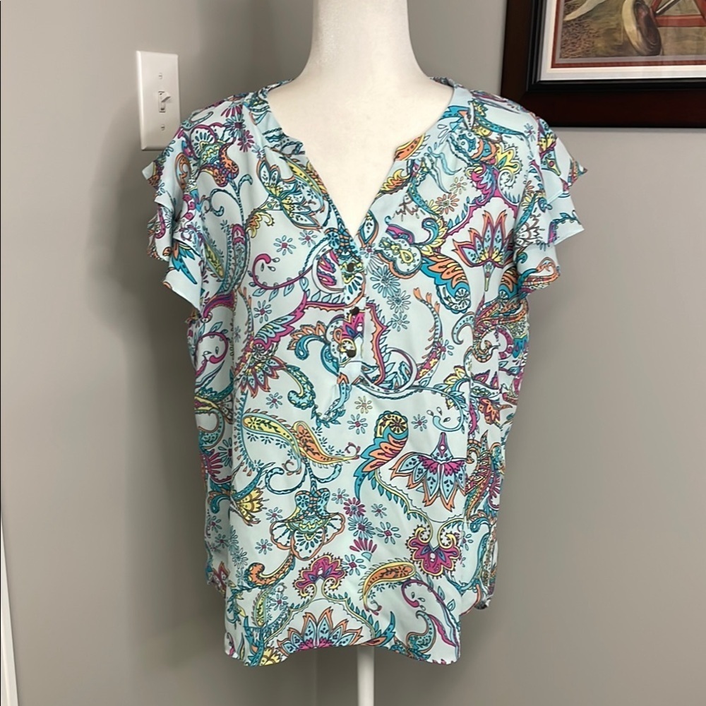 Investments Womens Blue Yellow Pink Paisley Blouse Ruffle Size Large